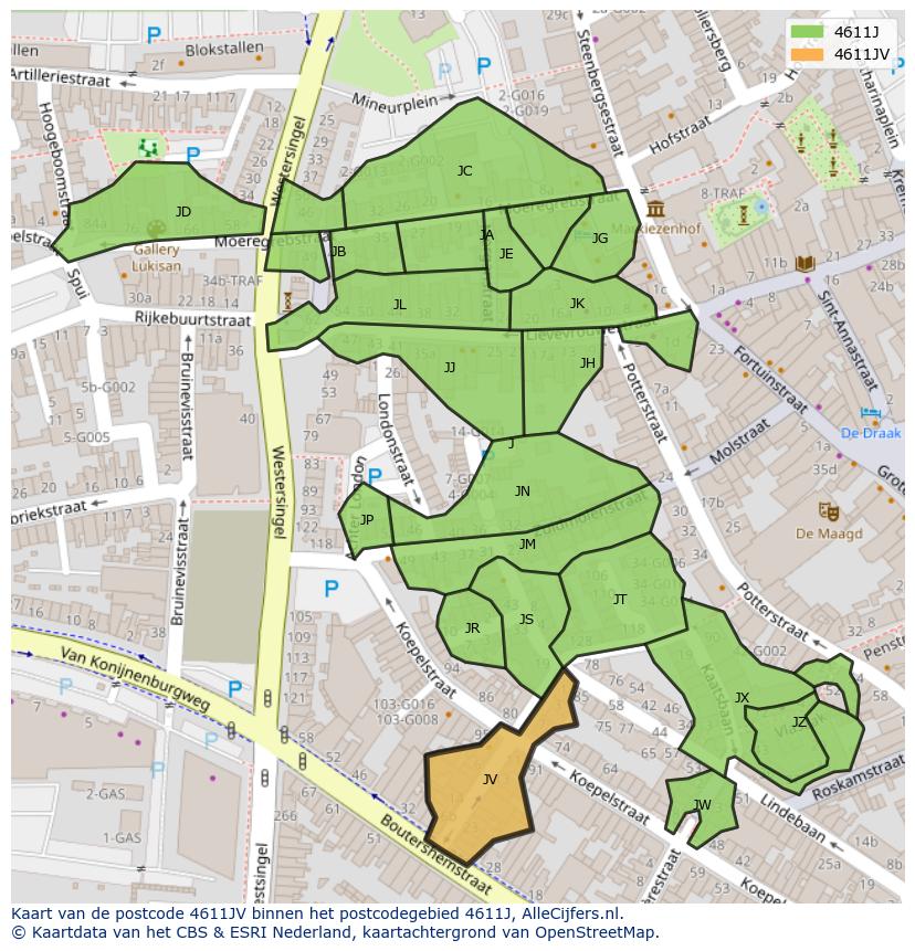Afbeelding van het postcodegebied 4611 JV op de kaart.
