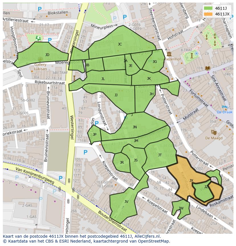 Afbeelding van het postcodegebied 4611 JX op de kaart.