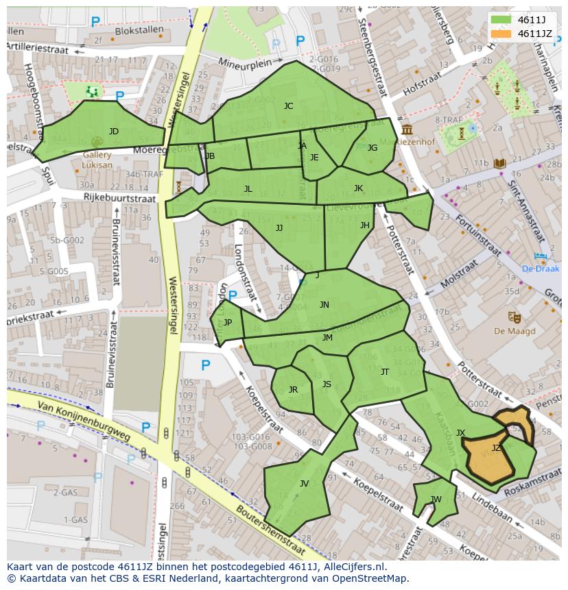 Afbeelding van het postcodegebied 4611 JZ op de kaart.