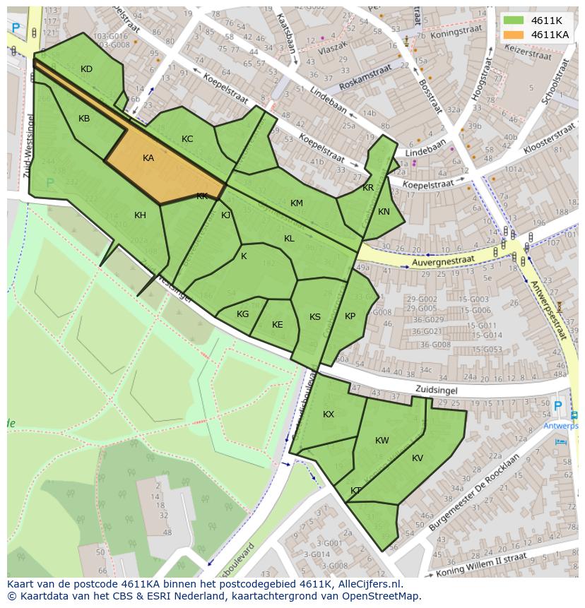 Afbeelding van het postcodegebied 4611 KA op de kaart.