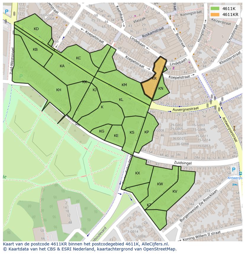 Afbeelding van het postcodegebied 4611 KR op de kaart.