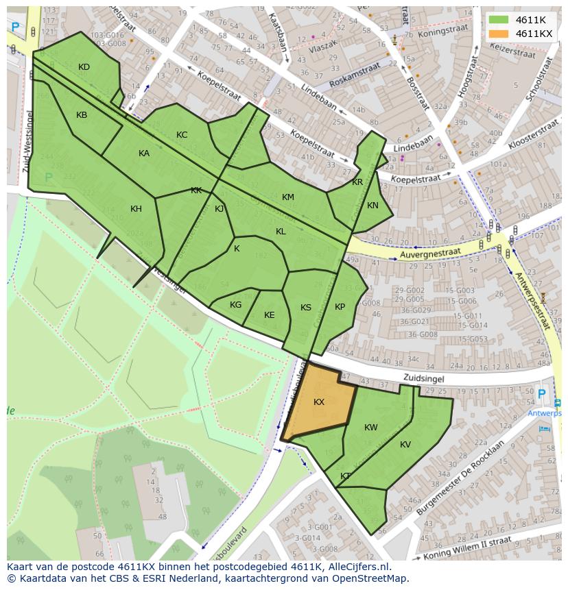 Afbeelding van het postcodegebied 4611 KX op de kaart.