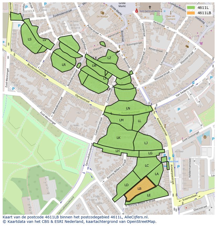 Afbeelding van het postcodegebied 4611 LB op de kaart.