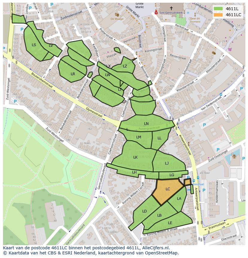 Afbeelding van het postcodegebied 4611 LC op de kaart.