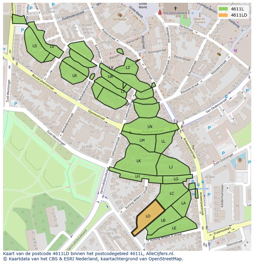 Afbeelding van het postcodegebied 4611 LD op de kaart.