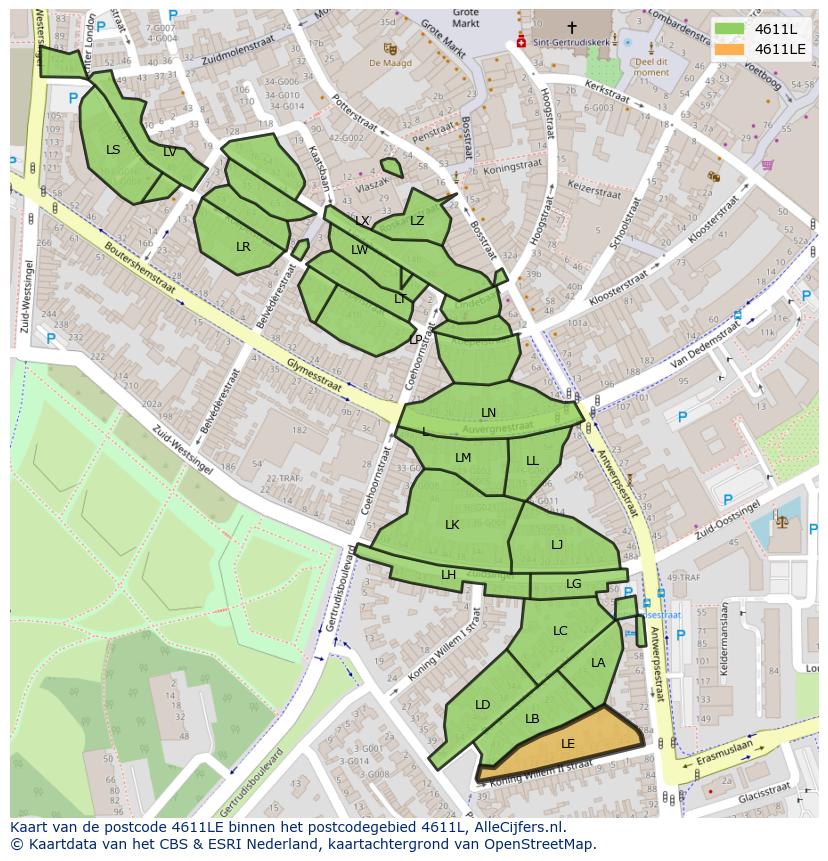 Afbeelding van het postcodegebied 4611 LE op de kaart.