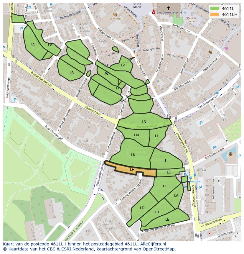 Afbeelding van het postcodegebied 4611 LH op de kaart.
