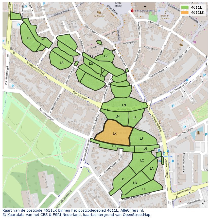Afbeelding van het postcodegebied 4611 LK op de kaart.