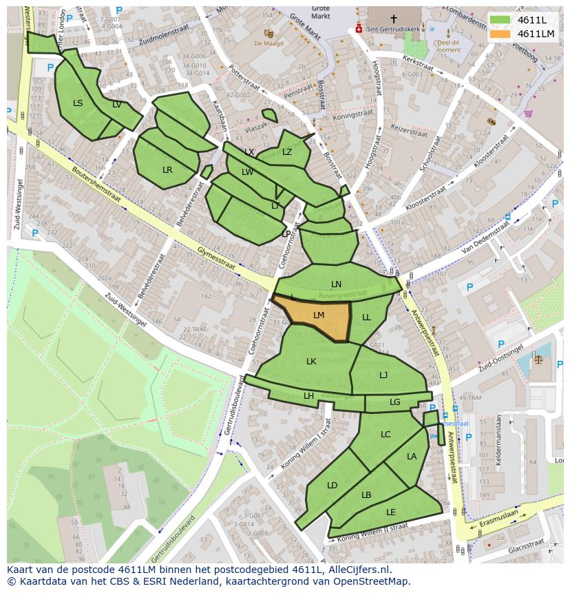 Afbeelding van het postcodegebied 4611 LM op de kaart.