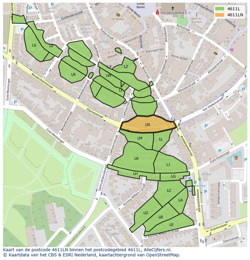 Afbeelding van het postcodegebied 4611 LN op de kaart.