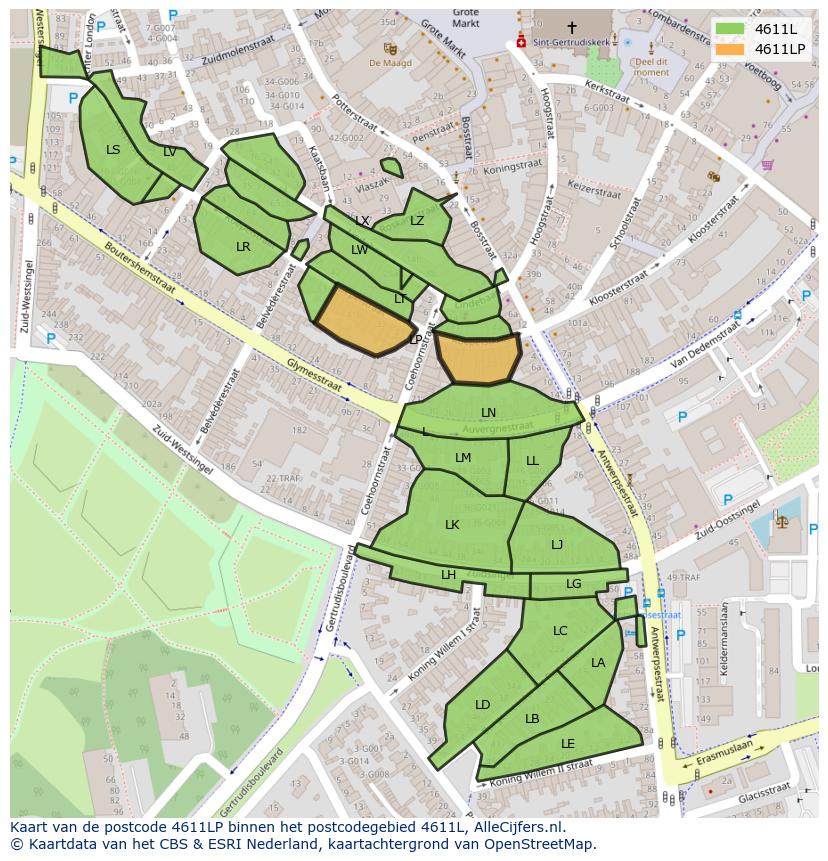 Afbeelding van het postcodegebied 4611 LP op de kaart.