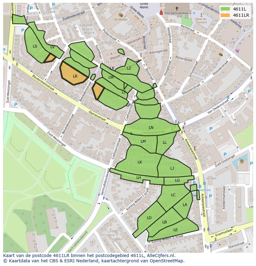 Afbeelding van het postcodegebied 4611 LR op de kaart.