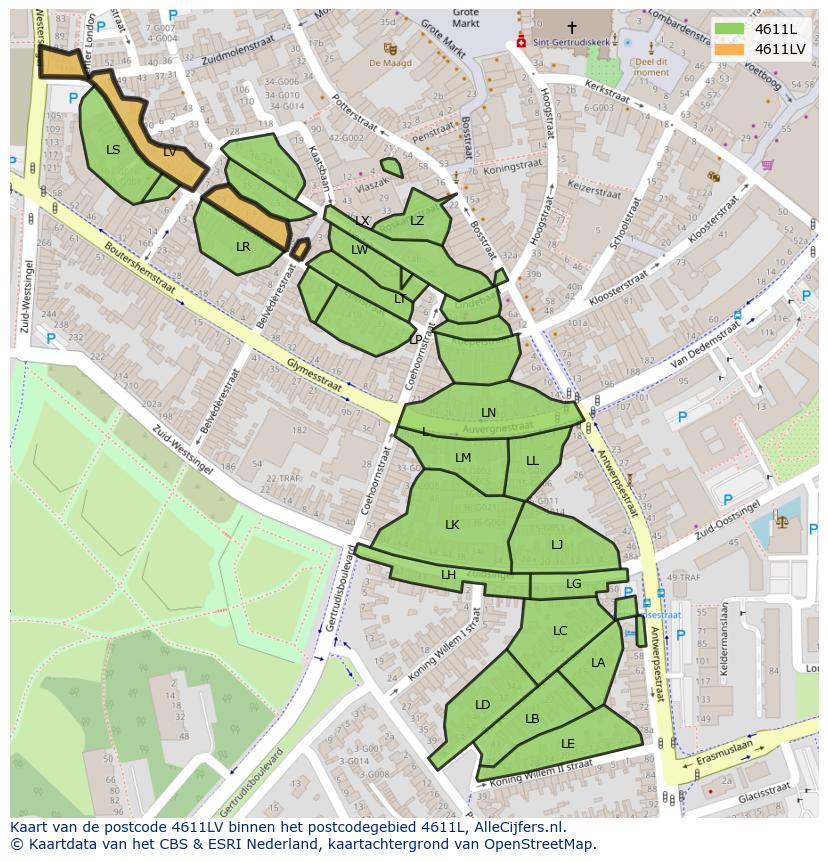 Afbeelding van het postcodegebied 4611 LV op de kaart.