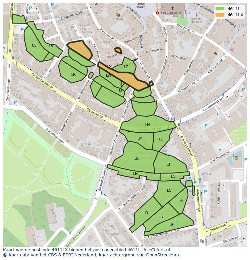 Afbeelding van het postcodegebied 4611 LX op de kaart.