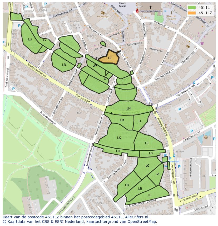 Afbeelding van het postcodegebied 4611 LZ op de kaart.