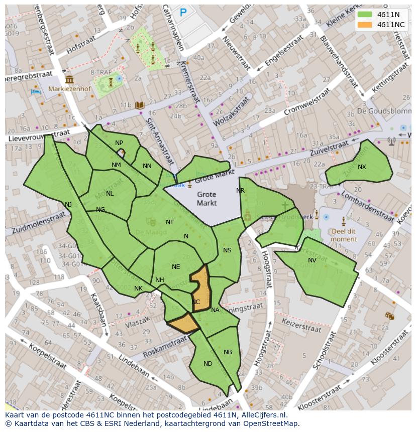 Afbeelding van het postcodegebied 4611 NC op de kaart.