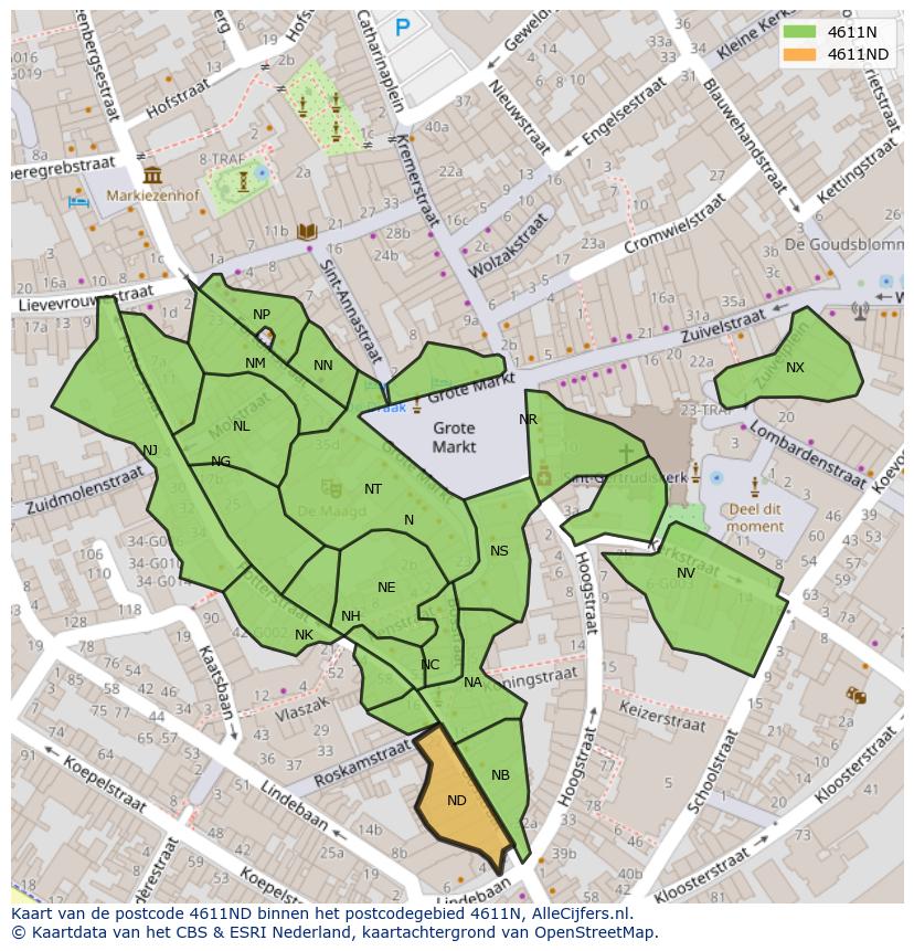 Afbeelding van het postcodegebied 4611 ND op de kaart.