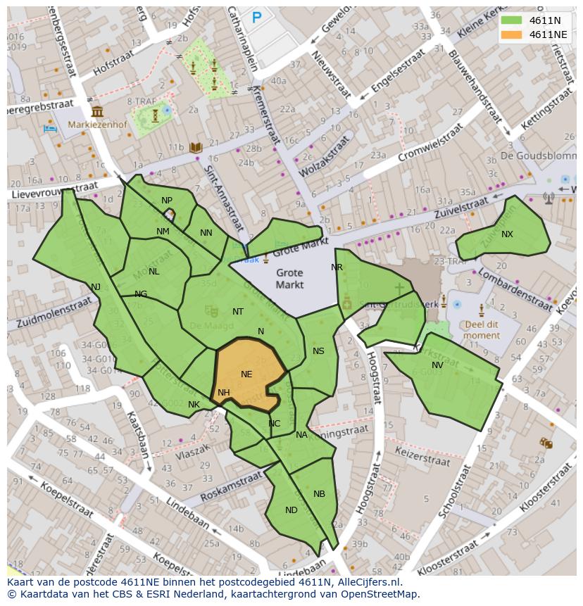 Afbeelding van het postcodegebied 4611 NE op de kaart.