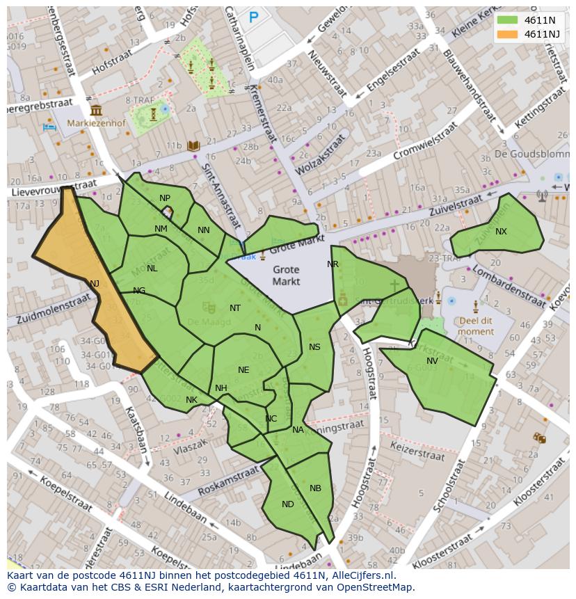 Afbeelding van het postcodegebied 4611 NJ op de kaart.