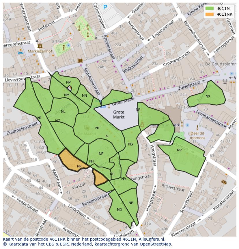 Afbeelding van het postcodegebied 4611 NK op de kaart.
