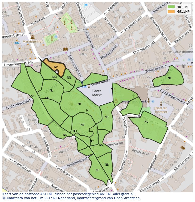 Afbeelding van het postcodegebied 4611 NP op de kaart.