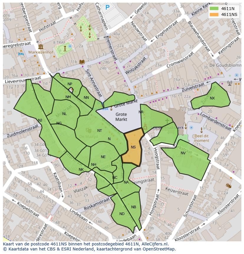 Afbeelding van het postcodegebied 4611 NS op de kaart.