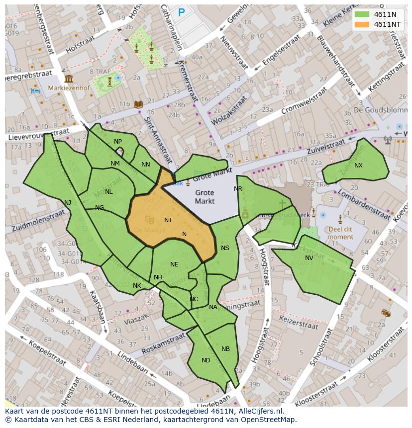 Afbeelding van het postcodegebied 4611 NT op de kaart.