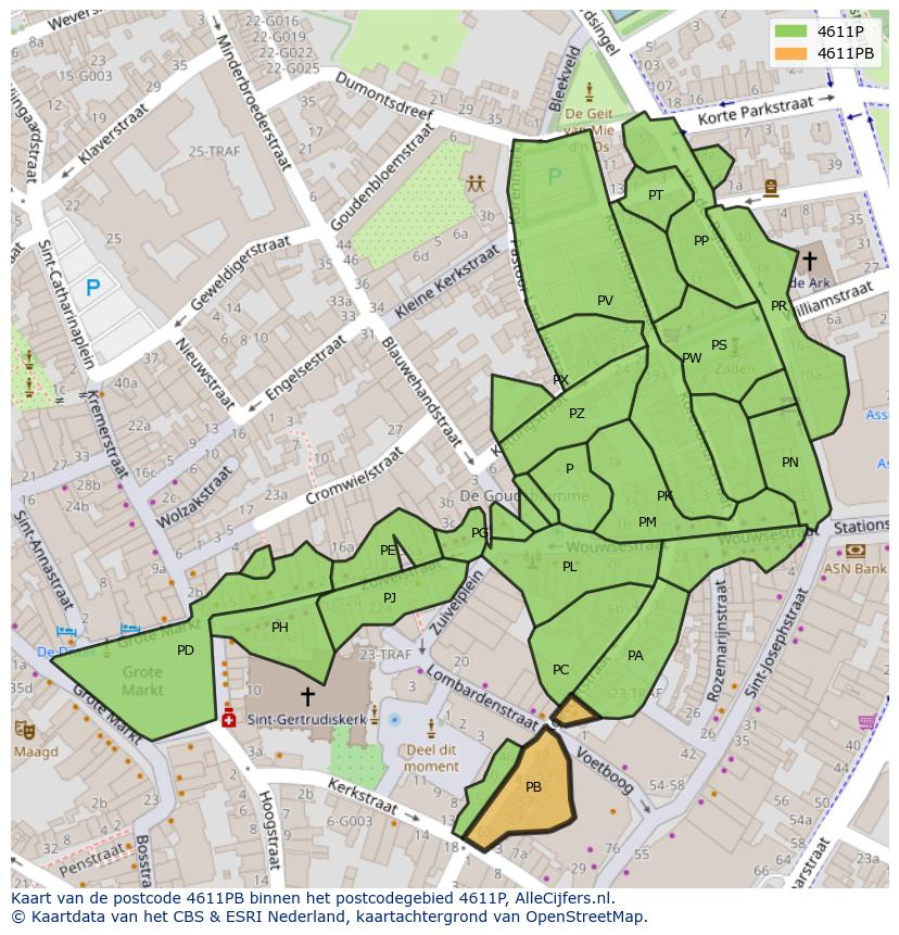 Afbeelding van het postcodegebied 4611 PB op de kaart.