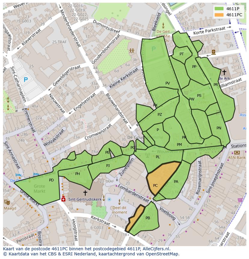 Afbeelding van het postcodegebied 4611 PC op de kaart.