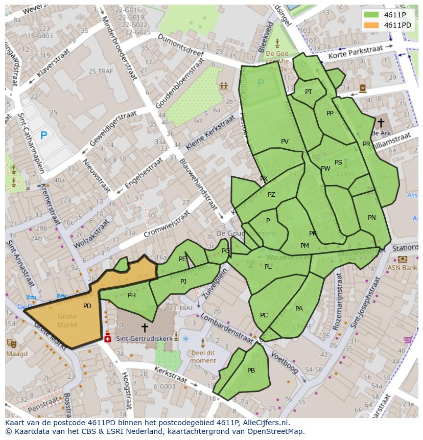 Afbeelding van het postcodegebied 4611 PD op de kaart.