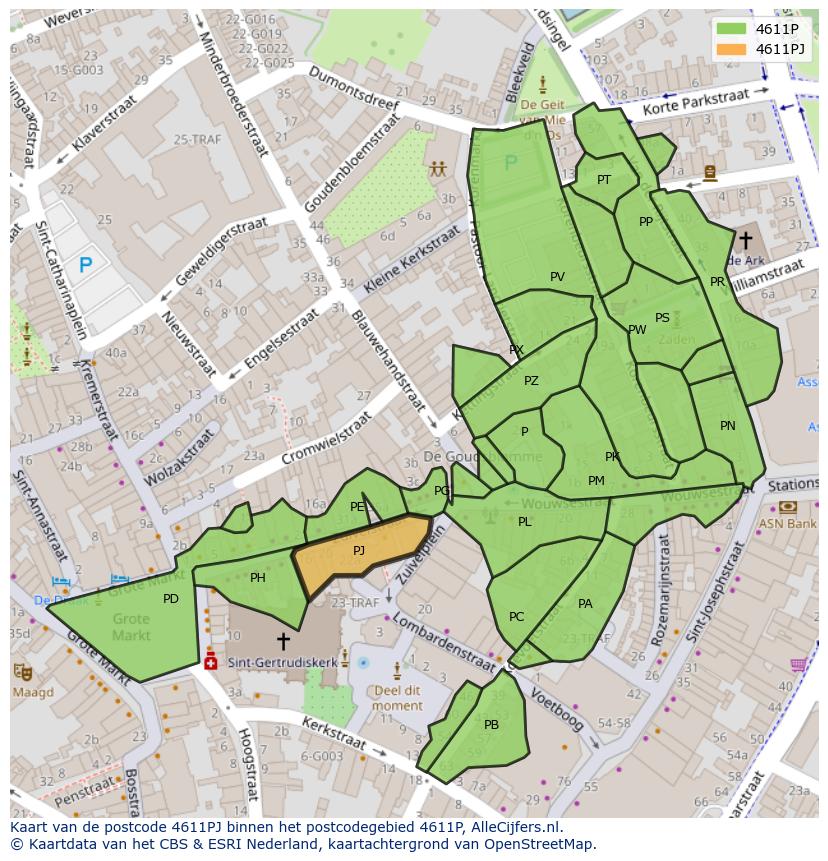 Afbeelding van het postcodegebied 4611 PJ op de kaart.