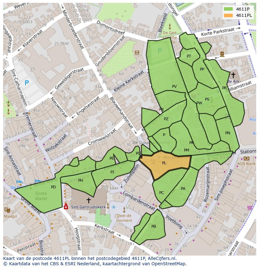 Afbeelding van het postcodegebied 4611 PL op de kaart.