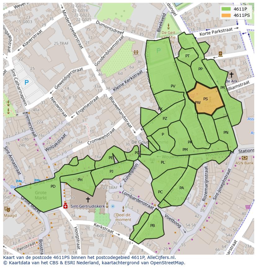 Afbeelding van het postcodegebied 4611 PS op de kaart.