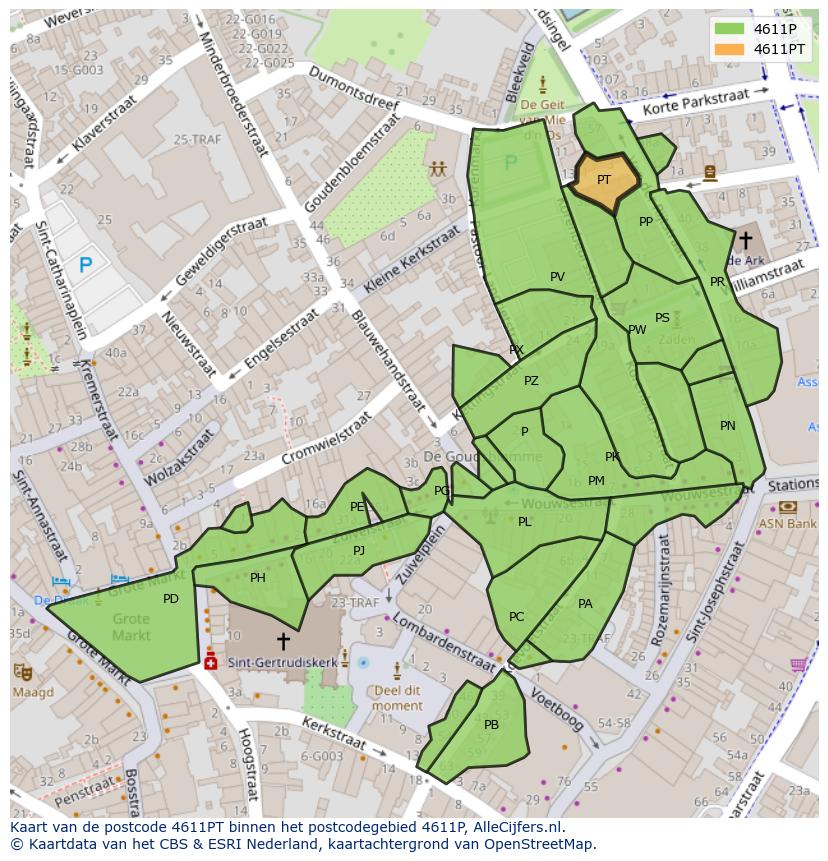 Afbeelding van het postcodegebied 4611 PT op de kaart.