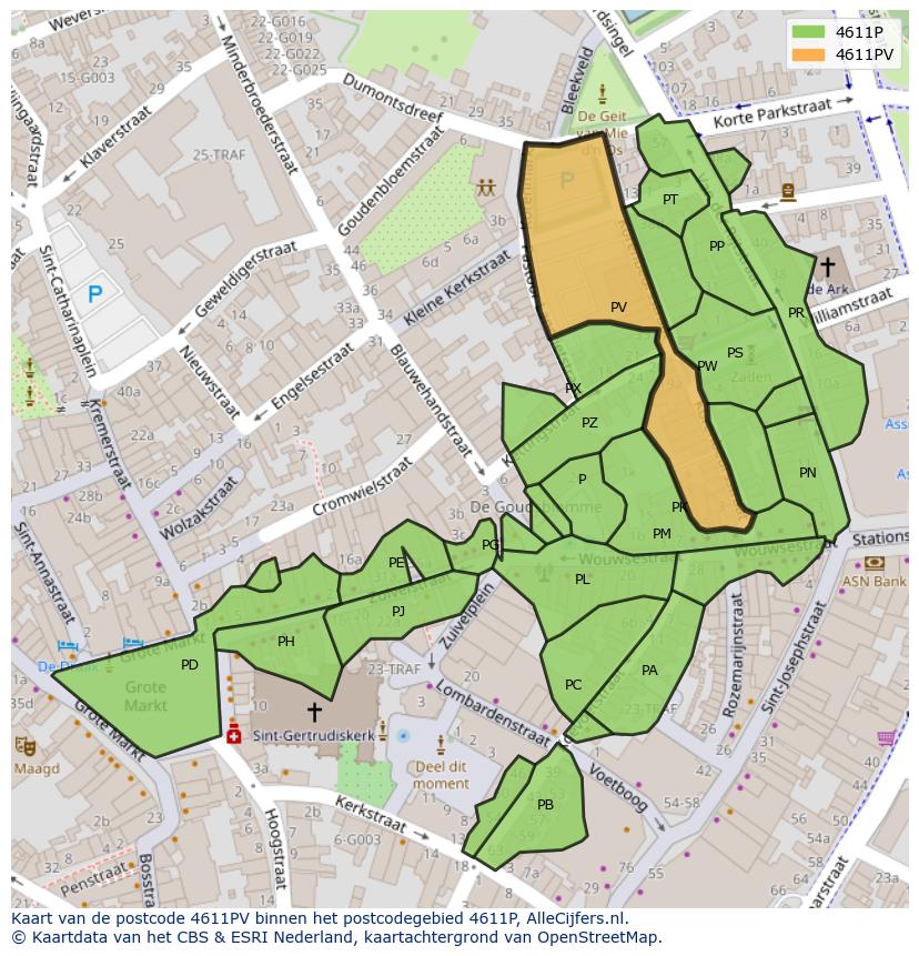 Afbeelding van het postcodegebied 4611 PV op de kaart.