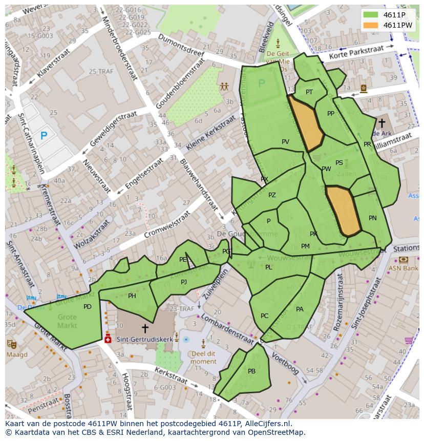 Afbeelding van het postcodegebied 4611 PW op de kaart.