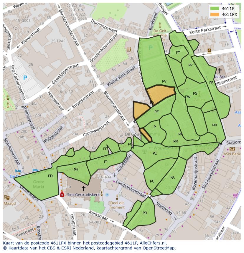 Afbeelding van het postcodegebied 4611 PX op de kaart.