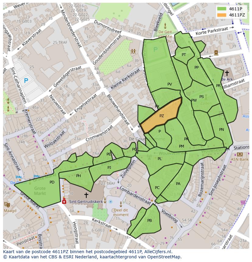 Afbeelding van het postcodegebied 4611 PZ op de kaart.