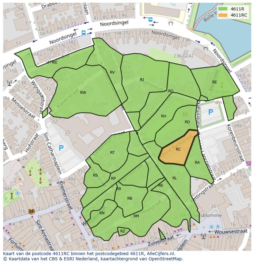 Afbeelding van het postcodegebied 4611 RC op de kaart.