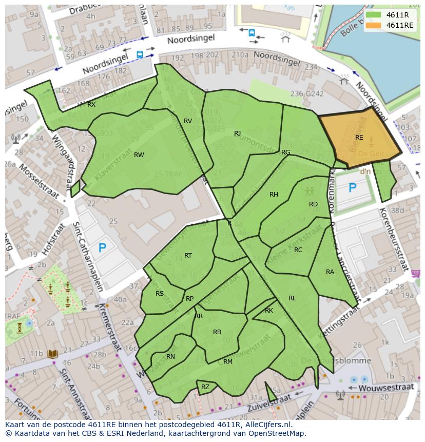 Afbeelding van het postcodegebied 4611 RE op de kaart.