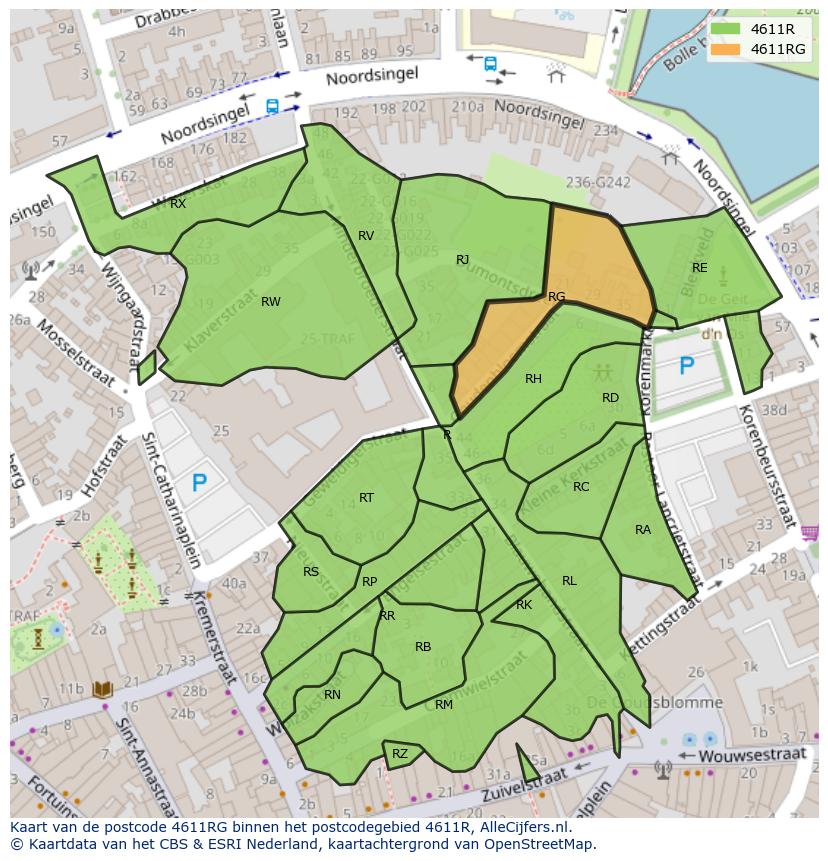 Afbeelding van het postcodegebied 4611 RG op de kaart.