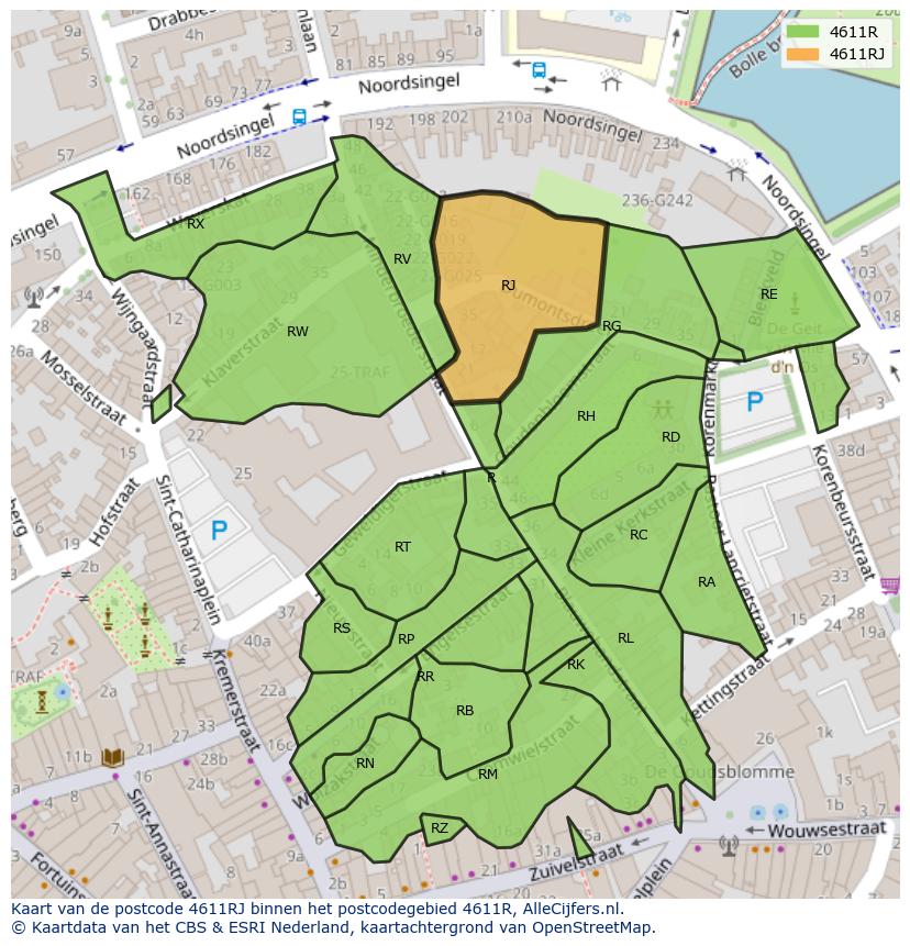 Afbeelding van het postcodegebied 4611 RJ op de kaart.