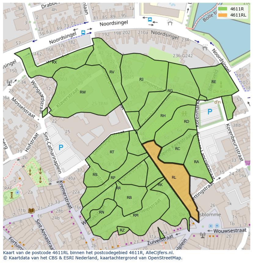 Afbeelding van het postcodegebied 4611 RL op de kaart.
