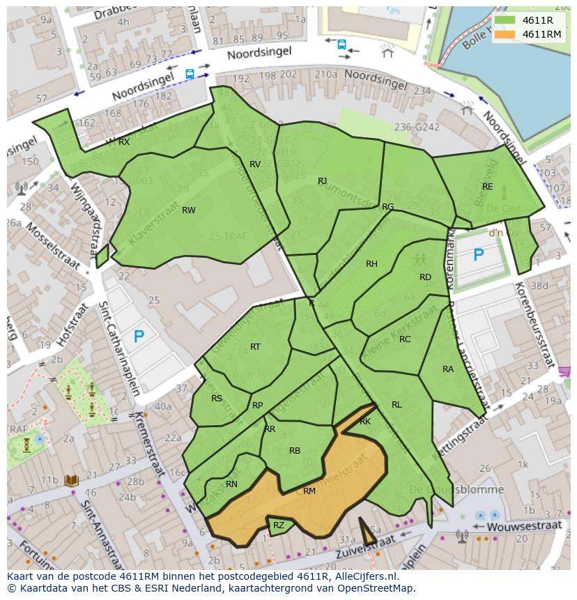 Afbeelding van het postcodegebied 4611 RM op de kaart.