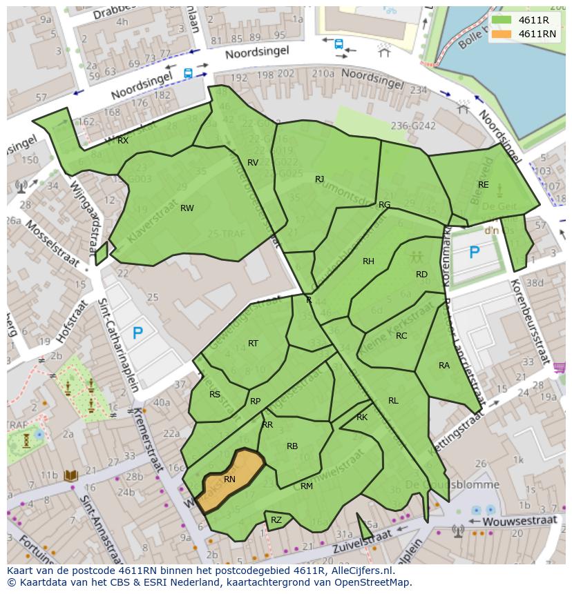 Afbeelding van het postcodegebied 4611 RN op de kaart.