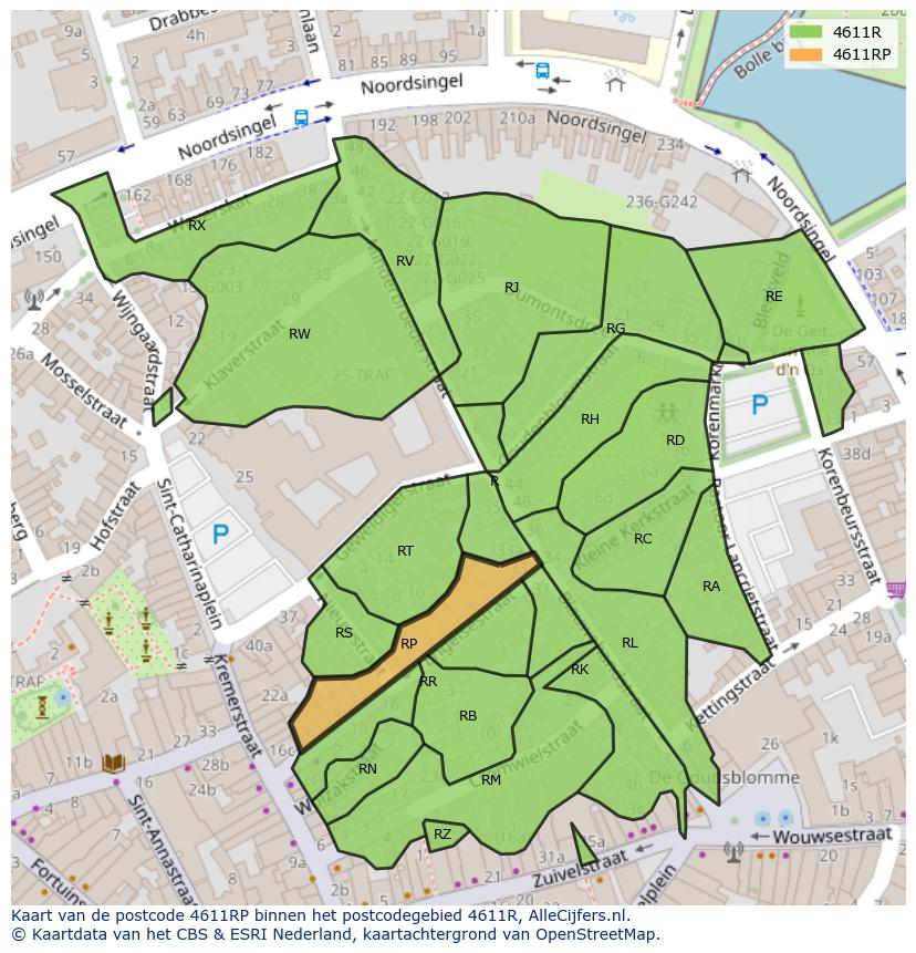 Afbeelding van het postcodegebied 4611 RP op de kaart.