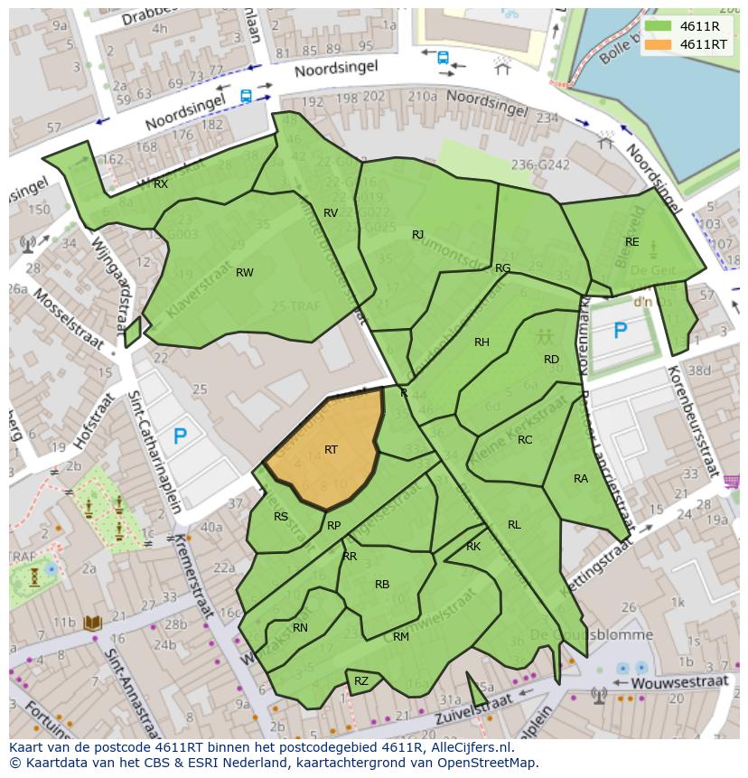 Afbeelding van het postcodegebied 4611 RT op de kaart.