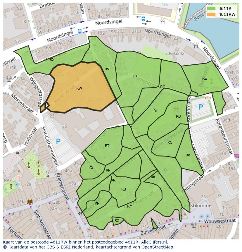 Afbeelding van het postcodegebied 4611 RW op de kaart.