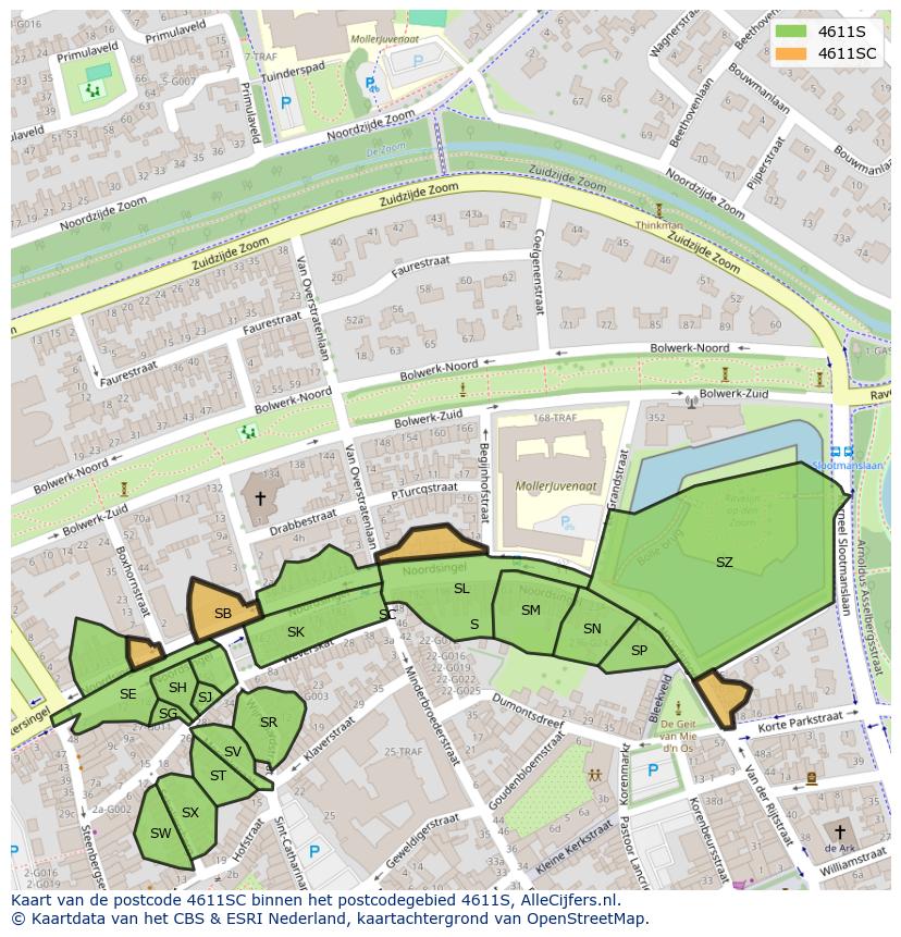 Afbeelding van het postcodegebied 4611 SC op de kaart.