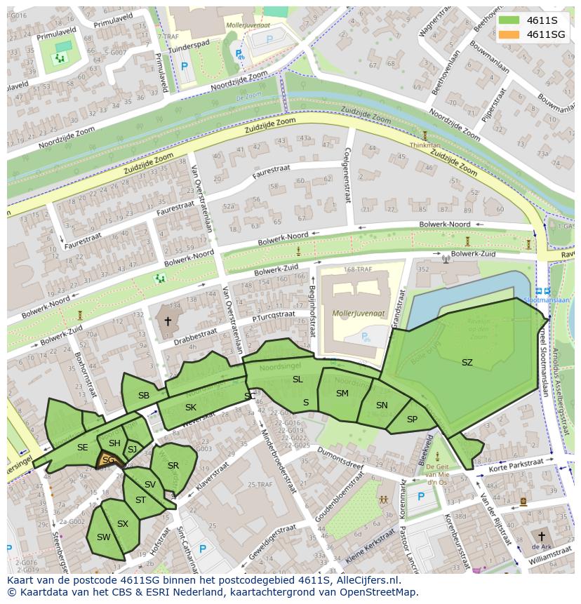 Afbeelding van het postcodegebied 4611 SG op de kaart.